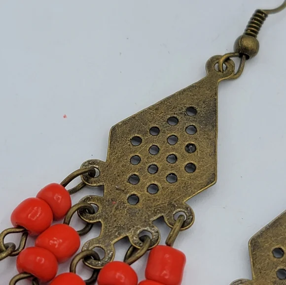 Handmade Czech Glass Beaded Brass Chandelier Earrings Vintage, 3.5" - Picture 6 of 9